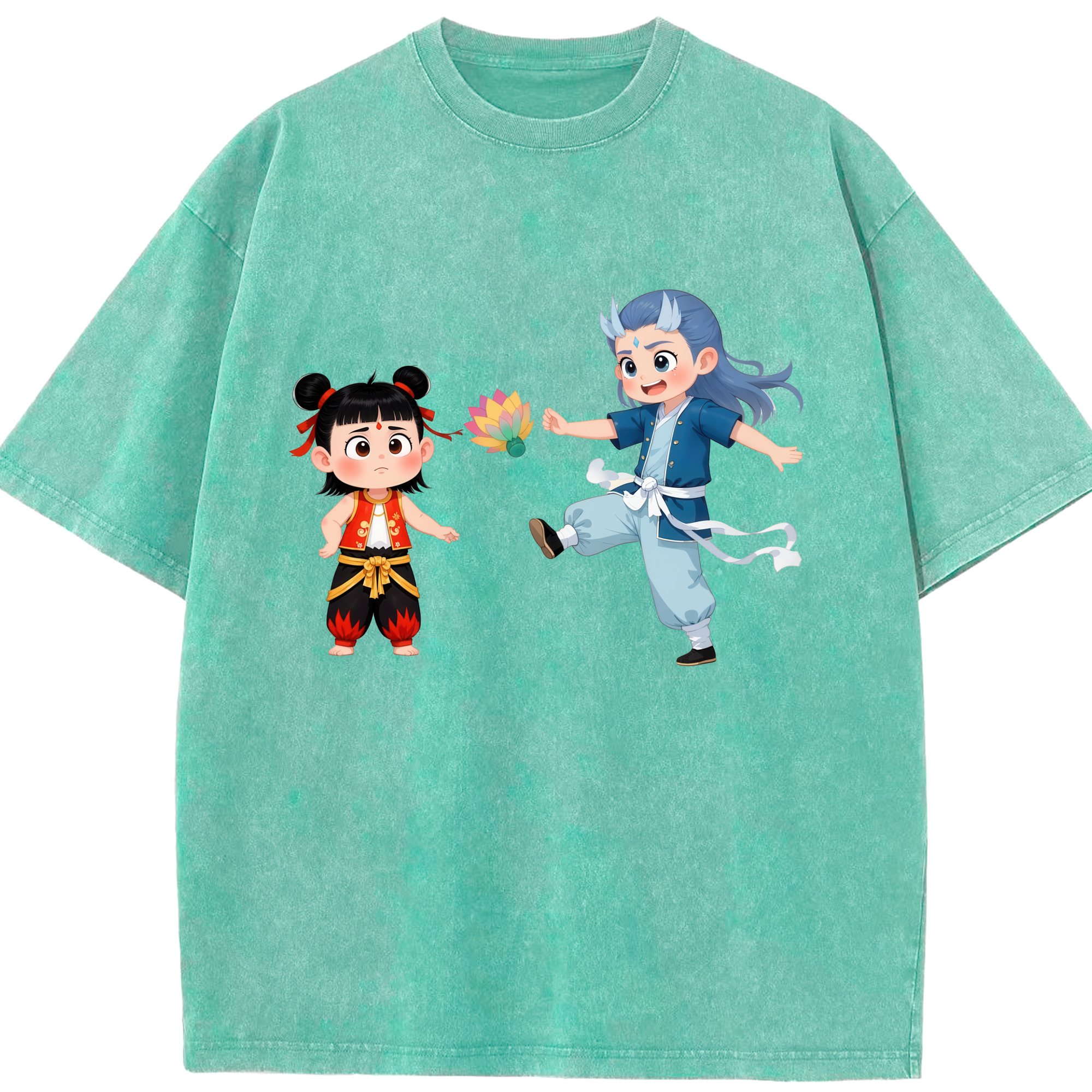 （画像用） Ne Zha 2 ナタ 魔童の大暴れ 綿100% ヴィンテージ風 半袖Tシャツ（フロントプリント）